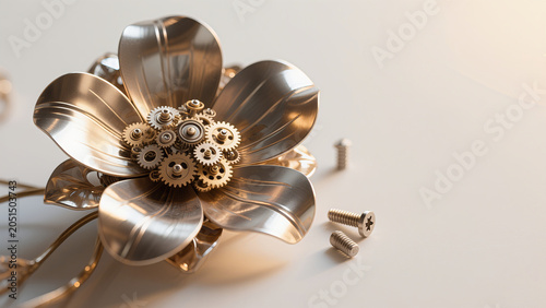 Steampunk mechanical flower made of polished metal petals and brass gears, elegant industrial floral design on light background