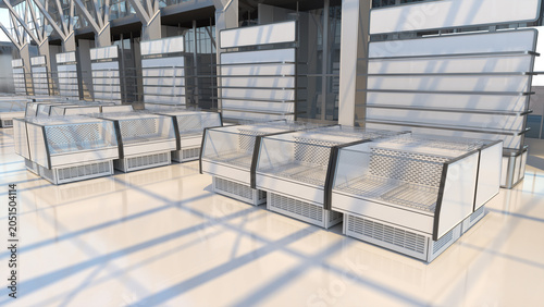 Sunlit supermarket interior with white display racks, refrigerated display cabinets and glass walls. 3d illustration