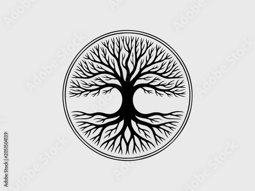 Obraz na plátně Stylized tree of life symbol intricate branches and roots in a circular emblem r