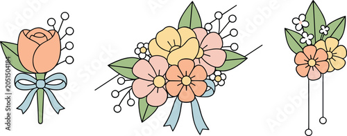 Canvastavla Beautiful wedding boutonniere and corsage floral arrangement set with ribbon vector line art illustration