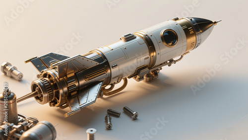 Futuristic steampunk rocket with exposed gears and golden accents, sci-fi space vehicle model on clean light background