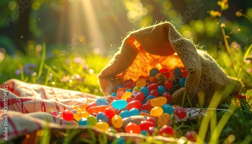 A handful of colorful jelly beans spilling from an open burlap sack onto a plaid cloth in warm sunlight