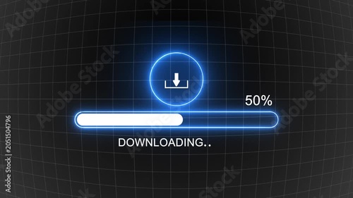 Illustration of the process of downloading file from the Internet on a computer monitor screen. A computer monitor displaying information about the data download in real time, including percentages.