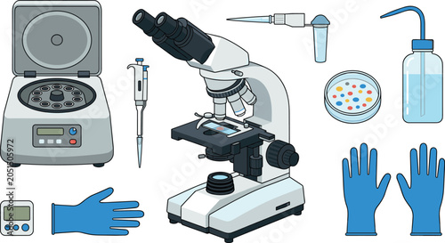 Biology laboratory research science equipment vector set featuring optical microscope centrifuge machine micropipette electronic timer petri dish and blue latex safety gloves