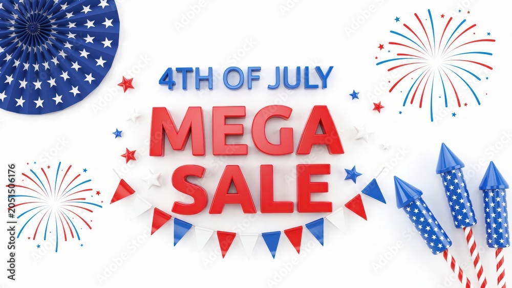 Obraz premium 4th of July mega sale banner with patriotic decoration isolated on white background