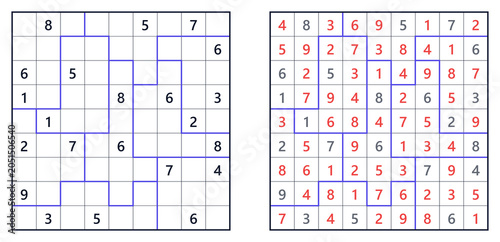 Фотография Sudoku jigsaw puzzle expert level for adults, 9x9 grid, challenging logic game,