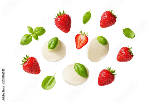 Fresh strawberries and mozzarella cheese balls with green basil leaves isolated on transparent background