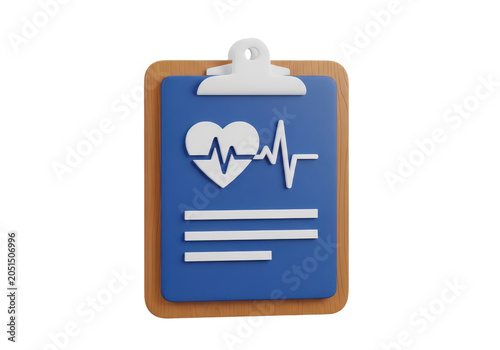 3d render of a medical clipboard with a heart rate icon, isolated on transparent background