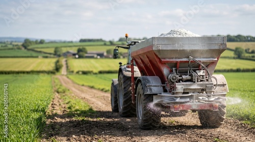 Tractor spreading fertilizer on large green fields under blue sky, Lime spreader 