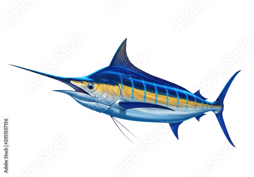 Illustration of a blue marlin fish swimming, a large predatory billfish with a long pointed snout and vibrant blue and yellow striped body isolated on transparent background