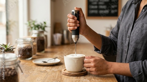 A person using a milk frother in a cup at a cozy cafe  