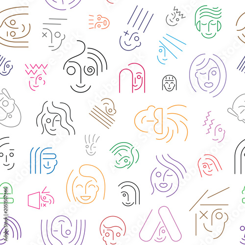 Faces of people social communication seamless lines pattern , vector background 