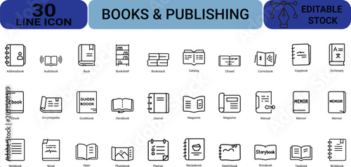 Books and publishing line icon set with thin symbols showing various educational materials library equipment literary items and stationary store objects.