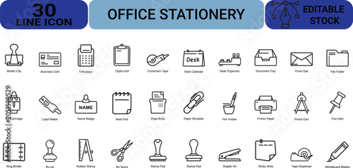 Office stationery line icon set featuring professional workspace accessories tools and desk equipment for organized business and administrative tasks.
