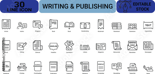 Writing and publishing line icon set showcasing creative professional tools editorial work journalism concepts media production and content creation.