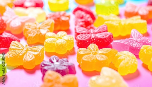 A vibrant assortment of fruit flavored gummy candies in playful butterfly and flower shapes, perfect for sweetening any occasion.