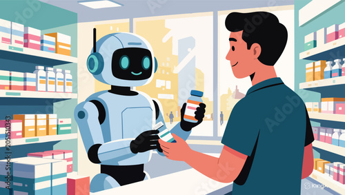 Robot pharmacist interacting with customer in modern pharmacy setting robot pharmacy.