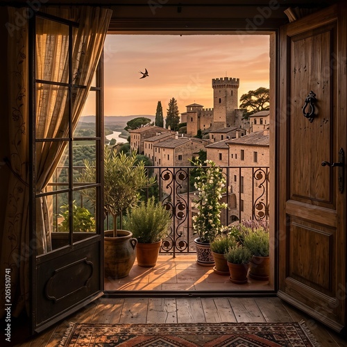 A scenic view from an open rustic wooden doorway leading onto a sunlit balcony filled with potted plants, overlooking a historic European village with stone buildings and a medieval tower under a warm
