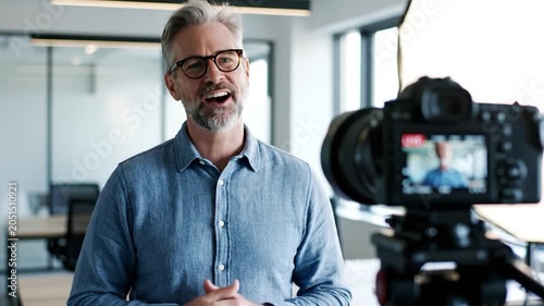 Mature businessman speaking to professional camera for video blog in modern office