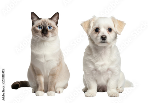 A siamese cat and a small white puppy sitting together isolated on transparent background