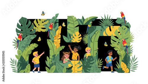 Fotografie Jungle Expedition: Young adventurers explore a vibrant, lush jungle filled with tropical plants and colorful parrots, discovering the wonders of nature