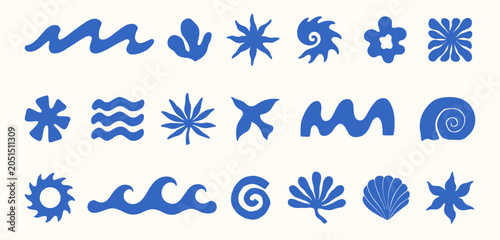 Photography Surf elements set with abstract waves,seashells,coral,sun motifs,coastal symbols,organic shapes and forms