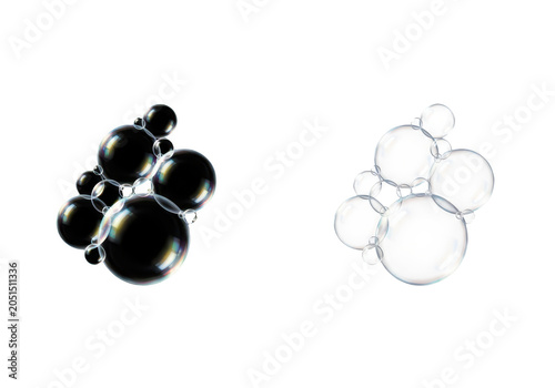Abstract composition of black and transparent soap bubbles isolated on transparent background
