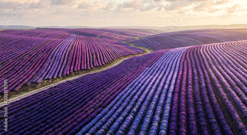 Stunning aerial view of rows of blooming purple lavender fields covering rolling hills
