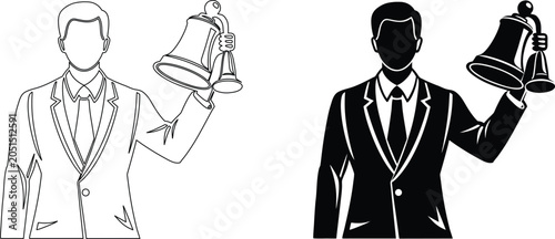 Fotografie Hotel bellboy concierge person holding hand bells icon set in black silhouette and outline art