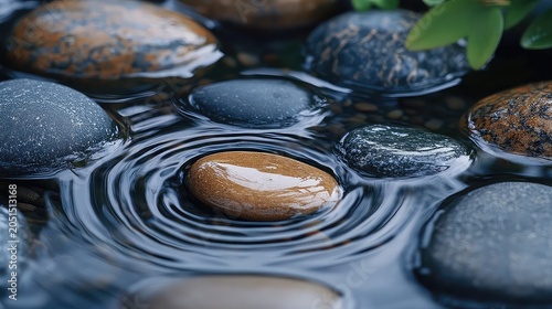 Pebbles scattered in ripple with water texture stone detail and natural rhythm ideal for zen calm or nature themes