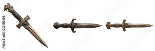 Фотография A detailed set of three ornate, ancient-style daggers with intricate metalwork and weathered hilts, showcasing historical craftsmanship, isolated on white