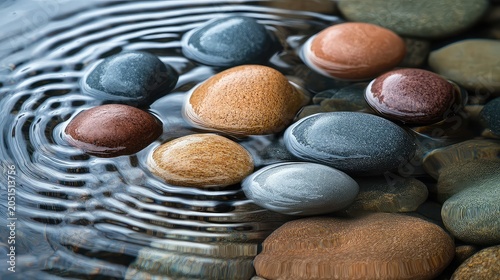 Pebbles scattered in ripple with water texture stone detail and natural rhythm ideal for zen calm or nature themes