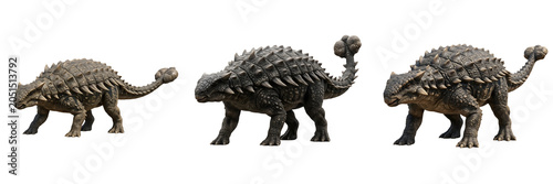 Photos A detailed set of three realistic Ankylosaurus dinosaurs in different poses, showcasing their iconic armored plates and club tails, isolated on a clean white background