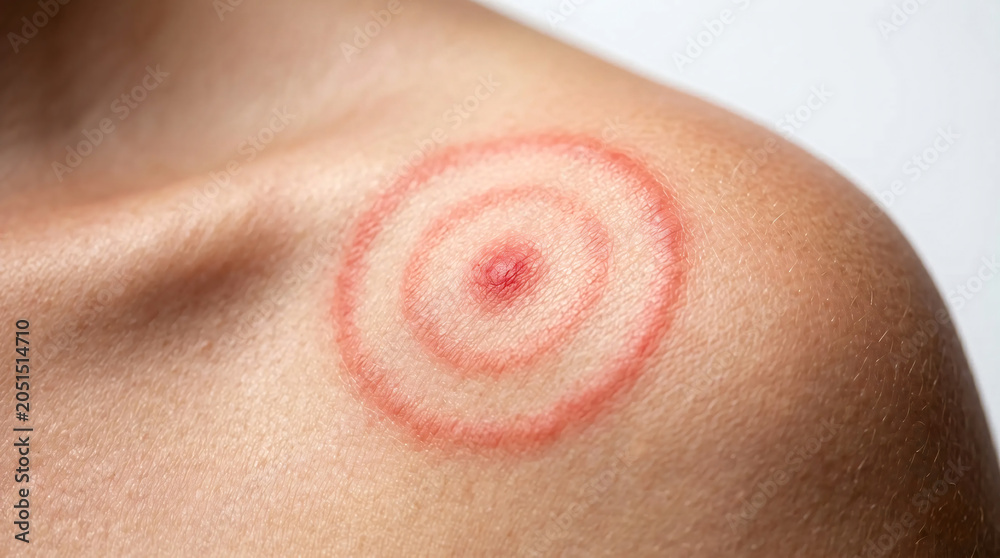 Fototapeta premium Close-up of a red erythema migrans bullseye rash on human skin from a tick bite, Lyme disease symptom