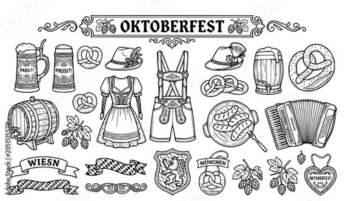 Canvastavla Bavarian Oktoberfest Clipart Vector Collection with Beer Mug Pretzel and Lederho