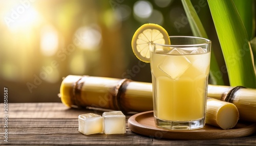 glass of fresh sugarcane juice with ice cubes and lemon slice summer vibes