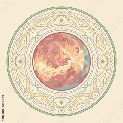фотографія A circular illustration of a glowing planet with ornate borders
