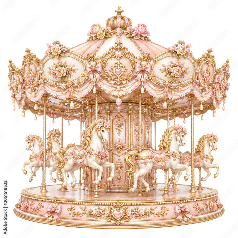 Fototapeta premium Luxury Coquette Carousel with Pink Roses, Pearls and Golden Victorian Horses, Romantic Princesscore Rococo Merry-Go-Round Illustration
