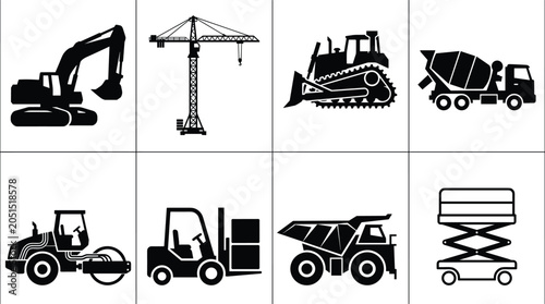 Konstfotografi Construction Machinery and Heavy Equipment Silhouette Icons Set Including Excava