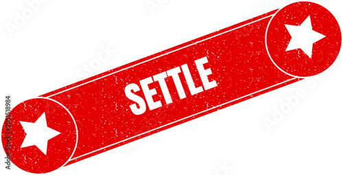 Foto Red grunge style settle sticker label featuring white star accents on a classic