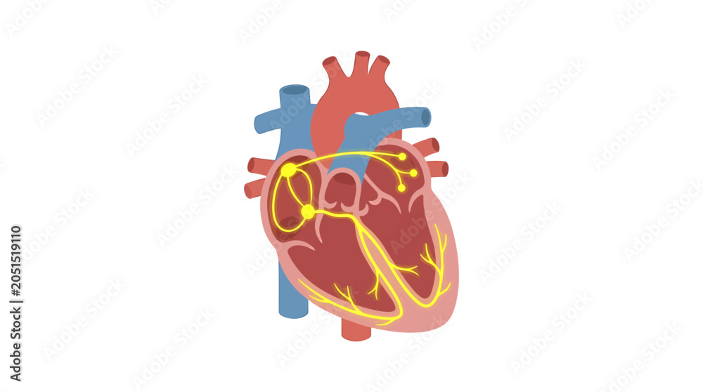 Fotografie Anatomical Heart with Yellow Electrical Conduction Nodes