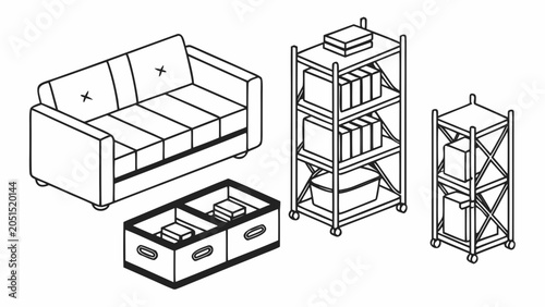 Minimalist isometric furniture set with sofa storage unit and metal shelves