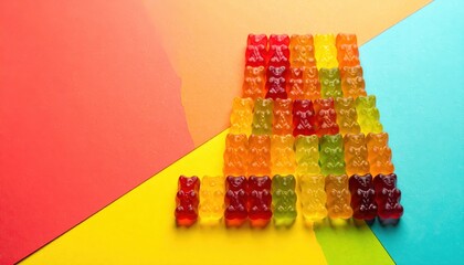 An assortment of colorful fruit-flavored gummy bears neatly stacked on a vibrant, geometric background, showcasing a delightful sweet treat.