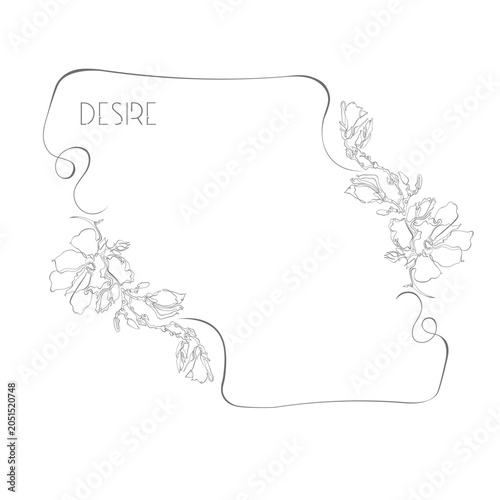 Vector illustration of a floral frame with magnolia flowers laid out in continuous lines, in a minimalist modern style, perfect for cosmetic packaging, wedding invitations and design.