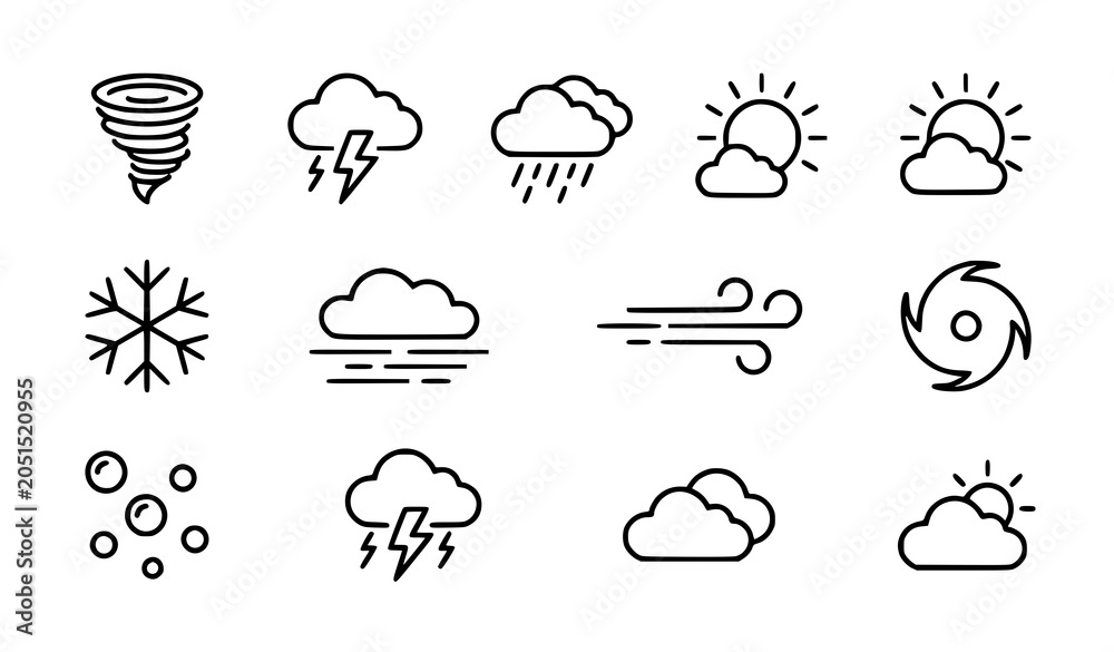 Obraz premium Modern weather outline icon collection with tornado storm and climate vector illustrations