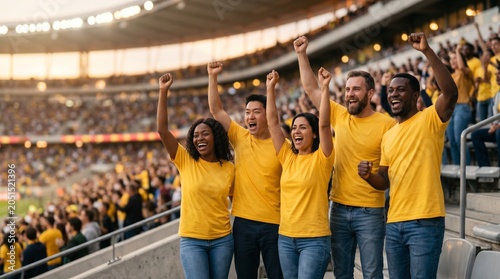 Grupo de torcedores comemorando uma grande vitória em estádio de futebol moderno usando camisas amarelas e demonstrando entusiasmo coletivo em ambiente esportivo premium