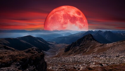 Papier peint photo Bordeaux majestic mountain landscape under a striking red moon evoking mystery and tranquility in nature  © Katrina
