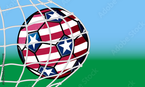 Soccer ball or Football with Stars and Stripes graphics hitting the back of the net when scoring a goal in a professional competition in the USA, copy space for your text