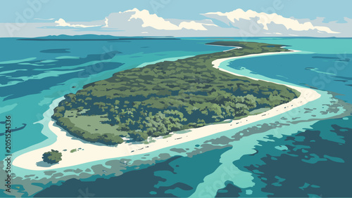 Foto Aerial view of a remote tropical island with sandy beach and ocean, tropical