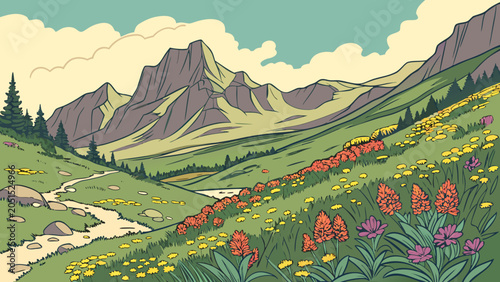 Foto Summer alpine meadow illustration with wildflowers and mountain path, mountains